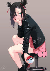Rule 34 | 1girl, asymmetrical bangs, black footwear, black hair, black jacket, boots, brown background, closed mouth, creatures (company), dress, game freak, gradient background, green eyes, hair ribbon, highres, holding, holding poke ball, jacket, legs, long sleeves, looking at viewer, marnie (pokemon), md5 mismatch, nintendo, pink dress, pink ribbon, poke ball, poke ball (basic), pokemon, pokemon swsh, re lucy, resolution mismatch, ribbon, short hair, signature, sitting, solo, source larger, undercut