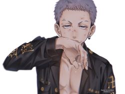 Rule 34 | 1boy, black hair, black jacket, closed mouth, collarbone, earrings, eyebrow cut, grey eyes, grey hair, hand up, highres, injury, jacket, jewelry, k0k0cha i, long sleeves, looking at viewer, male focus, mitsuya takashi, open clothes, open jacket, short hair, simple background, single earring, solo, tokyo revengers, twitter username, undercut, upper body, white background
