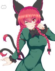 Rule 34 | 1girl, ;p, animal ears, black bow, bow, braid, breasts, cat ears, cat tail, dress, green dress, hair bow, heart, highres, kaenbyou rin, long sleeves, multiple tails, nekomata, one eye closed, red eyes, red hair, seo haruto, solo, tail, tongue, tongue out, touhou, twin braids, two tails