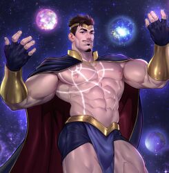 Rule 34 | 1boy, abs, bara, body markings, bulge, cape, character request, cheekbones, energy ball, facial hair, feet out of frame, goatee, hands up, henry partum, highres, large pectorals, looking ahead, looking at viewer, male focus, mature male, muscular, muscular male, mustache, navel, nipples, pectorals, pelvic curtain, planet, red cape, seductive smile, short hair, sky, smile, solo, standing, star (sky), starry sky, stomach, strongman waist, thick eyebrows, thick thighs, thighs, tiara, topless male