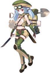 Rule 34 | 1girl, aquaplus, backpack, bag, blue hair, boots, bou (inubou), dungeon travelers 2, fingerless gloves, full body, gloves, hat, highres, holding, holding weapon, knife, long hair, midriff, navel, red eyes, shorts, shovel, solo, thigh boots, thighhighs, transparent background, tsurara (dungeon travelers 2), weapon, worktool
