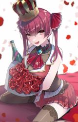 Rule 34 | 1girl, :d, bare shoulders, black thighhighs, bottle, bouquet, breasts, cleavage, crown, flower, heterochromia, highres, hololive, houshou marine, kuratarou0011, looking at viewer, open mouth, petals, pleated skirt, red eyes, red hair, see-through, see-through cleavage, sitting, skirt, sleeveless, smile, solo, thighhighs, virtual youtuber, wariza, yellow eyes