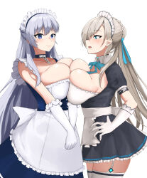 Rule 34 | 2girls, absurdres, apron, asuna (blue archive), azur lane, belfast (azur lane), black choker, blue archive, blue eyes, braid, breast cutout, breast press, breasts, broken, broken chain, chain, choker, cleavage, crossover, framed breasts, french braid, frilled apron, frilled hairband, frills, garter straps, gloves, hairband, hand on own hip, highres, huge breasts, light brown hair, light purple hair, long hair, maid headdress, multiple girls, ojisan f, purple eyes, short sleeves, simple background, symmetrical docking, thighhighs, v arms, very long hair, waist apron, white apron, white background, white garter straps, white gloves, white thighhighs, zettai ryouiki