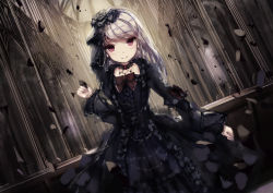 Rule 34 | 1girl, black dress, bow, brown bow, closed mouth, cross, cross necklace, debris, dress, dutch angle, flower, grey hair, hair flower, hair ornament, hand up, indoors, jewelry, latin cross, long hair, long sleeves, looking at viewer, missile228, necklace, original, red eyes, smile, solo, standing, striped, striped bow, wide sleeves