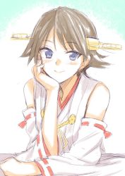 Rule 34 | 1girl, bare shoulders, blue eyes, blush, breasts, brown hair, closed mouth, collarbone, detached sleeves, elbow rest, hair ornament, hairband, head rest, headgear, hiei (kancolle), hiei kai ni (kancolle), japanese clothes, kantai collection, kimono, kumadano, long sleeves, looking at viewer, nontraditional miko, red ribbon, ribbon, ribbon-trimmed sleeves, ribbon trim, short hair, simple background, smile, solo, upper body, white kimono, wide sleeves