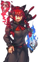 Rule 34 | 1girl, :3, animal ears, arm behind head, belt, blue fire, bow, braid, cat ears, cat tail, dress, fang, fire, flaming skull, hair bow, kaenbyou rin, long hair, melon22, multiple tails, open mouth, pointy ears, red eyes, red fire, red hair, ribbon, skull, solo, tail, touhou, transparent background, twin braids