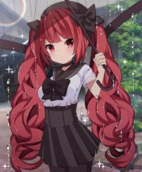 Rule 34 | 1girl, absurdres, azur lane, black bow, black hat, black pantyhose, black sailor collar, black skirt, blurry, blurry background, blush, bow, breasts, closed mouth, depth of field, hair bow, hat, high-waist skirt, highres, holding, holding umbrella, honolulu (azur lane), honolulu (umbrella girl) (azur lane), long hair, looking at viewer, medium breasts, outdoors, pantyhose, pleated skirt, puffy short sleeves, puffy sleeves, rainbow, red eyes, red hair, sailor collar, sapphire (sapphire25252), school uniform, serafuku, shirt, short sleeves, skirt, solo, transparent, transparent umbrella, twintails, umbrella, v-shaped eyebrows, very long hair, water drop, white shirt