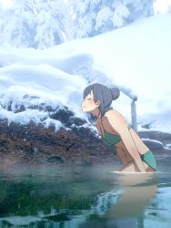 bikini black_hair blush breasts closed_eyes collarbone commentary_request from_side green_bikini hair_bun highres idolmaster idolmaster_million_live! medium_breasts medium_hair nanao_yuriko onsen partially_submerged petitpetitppp photo_background reflection reflective_water single_hair_bun snow steam swimsuit water