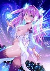 Rule 34 | 1girl, :d, artist name, ass, bare shoulders, black choker, black thighhighs, blue hair, breasts, bush, butterfly hair ornament, choker, detached sleeves, dress, dutch angle, glowing flower, gradient background, hair between eyes, hair intakes, hair ornament, jewelry, light particles, long hair, long sleeves, medium breasts, midori foo, multicolored hair, open mouth, original, pelvic curtain, pendant, petals, purple background, purple eyes, purple hair, revealing clothes, ribbon, rose petals, see-through, sideboob, smile, standing, thighhighs, thighs, two-tone hair, two side up, water, white dress, white ribbon