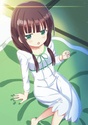 Rule 34 | 1girl, :o, arm support, barefoot, blunt bangs, blush, breasts, brown hair, collarbone, commentary request, dress, foreshortening, from above, futon, gochuumon wa usagi desu ka?, green eyes, hair tie, indoors, long hair, long sleeves, looking at viewer, low twintails, lowres, mutou riu, nightgown, open mouth, sitting, sleepwear, small breasts, solo, tatami, twintails, ujimatsu chiya, white dress