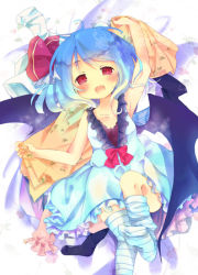 Rule 34 | 1girl, armpits, bad id, bad pixiv id, bat wings, blue hair, female focus, hair wings, kedama milk, lying, red eyes, remilia scarlet, short hair, sleeveless, solo, striped clothes, striped thighhighs, thighhighs, touhou, towel, wings