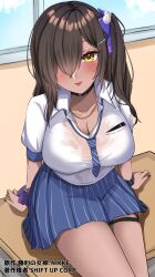 Rule 34 | 1girl, :p, black collar, black nails, blue necktie, blush, breasts, brown hair, cleavage, collar, collared shirt, dark-skinned female, dark skin, desk, goddess of victory: nikke, hair ornament, hair over one eye, highres, hoshi naru, jewelry, large breasts, long hair, loose necktie, mouth hold, naga (nikke), nail polish, necklace, necktie, pleated skirt, school desk, scrunchie, shirt, short sleeves, side ponytail, sitting, skirt, solo, striped necktie, tongue, tongue out, white shirt, wrist scrunchie, yellow eyes