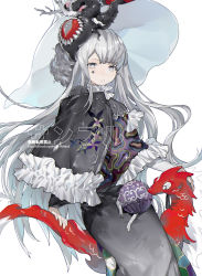 Rule 34 | 1girl, abstract, anchun (quail0503), ball, black capelet, black dress, branch, capelet, choker, colored sclera, creature, dress, eldritch abomination, english text, frilled capelet, frilled choker, frills, gradient clothes, gradient dress, grey eyes, grey hair, grey sclera, hat, highres, large hat, long hair, one-eyed, open mouth, original, parted lips, sharp teeth, sitting, sleeves past wrists, spade (shape), sparkle, tassel, teeth, tentacles, very long hair