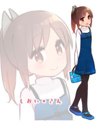 Rule 34 | 1girl, alternate costume, bag, black pantyhose, blue dress, blue footwear, brown eyes, brown hair, commentary request, dress, hair ornament, hairclip, highres, i-401 (kancolle), kantai collection, looking at viewer, pantyhose, ponytail, simple background, smile, solo, standing, sweater, tan, white background, white sweater, yoru nai, zoom layer