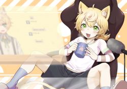 Rule 34 | 1boy, :3, :d, animal ears, black shorts, blonde hair, blush, cat boy, cat ears, cat tail, chair, commission, cup, fang, green eyes, highres, holding, holding cup, indie virtual youtuber, male focus, microphone, nohtuy, open mouth, shirt, shorts, sitting, smile, solo, spread legs, tail, virtual youtuber, yamada kino