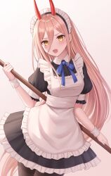 Rule 34 | 1girl, absurdres, alternate costume, apron, blue ribbon, blush, broom, chainsaw man, commentary request, enmaided, gradient background, hair between eyes, highres, holding, holding broom, horns, long hair, looking at viewer, maid, maid apron, maid headdress, neck ribbon, open mouth, pink background, power (chainsaw man), puffy short sleeves, puffy sleeves, red horns, ribbon, seungju lee, short sleeves, solo, white apron, yellow eyes