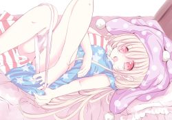 Rule 34 | 1girl, american flag dress, bare legs, barefoot, blonde hair, clownpiece, hat, inasa orange, jester cap, long hair, looking at viewer, lying, neck ruff, no pants, on back, open mouth, panties, panty pull, pink panties, pointy ears, polka dot, pulled by self, purple hat, red eyes, short sleeves, solo, star (symbol), star print, striped, touhou, underwear, very long hair