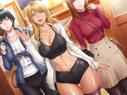 Rule 34 | 3girls, arm up, black hair, black legwear, black pants, black shorts, black tank top, blonde hair, blue jacket, blush, breasts, brown hair, brown skirt, cleavage, closed mouth, collarbone, covered erect nipples, crop top, earrings, feet out of frame, green eyes, gyaru, jacket, jewelry, kogal, lips, long hair, looking at viewer, medium breasts, mouth hold, multiple girls, nail polish, navel, necklace, open clothes, open jacket, open mouth, original, pants, pantyhose, parted lips, print shirt, purple eyes, red nails, red sweater, shirt, short hair, shorts, simple background, skirt, smile, standing, sweater, tank top, teeth, teeth hold, thighhighs, tkse8873, turtleneck, upper teeth only, white jacket, white shirt