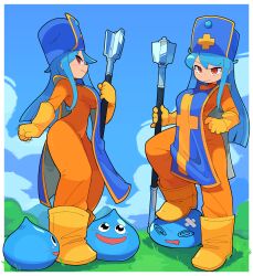 Rule 34 | 1girl, @ @, absurdres, bacun, bandaid, bandaid on head, blue hair, blue sky, blue tabard, bodysuit, boots, breasts, bush, cloud, commentary, cross print, dragon quest, dragon quest iii, english commentary, frown, gloves, grass, hat, highres, looking at viewer, mace, mitre, monster, multiple views, orange bodysuit, outdoors, priest (dq3), print headwear, red eyes, sky, slime (creature), slime (dragon quest), smile, stepped on, tabard, weapon, yellow gloves