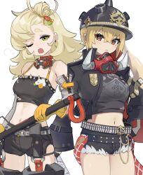 2girls black_shirt blonde_hair breasts closed_mouth combat_helmet gloves green_eyes hair_ornament hairpin helmet highres holding holding_weapon jacket luciana_de_montefio medium_breasts midriff multiple_girls one_eye_closed open_mouth pickelhaube piper_wheel piri red_eyes shirt short_hair shorts side_ponytail standing thighs torn_clothes torn_shirt weapon white_background yellow_gloves zenless_zone_zero