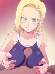 Rule 34 | 1girl, android 18, bare shoulders, blonde hair, blue eyes, blush, breasts squeezed together, breasts, censored, clothed female nude male, dragon ball, dragonball z, earrings, engawa suguru, highres, jewelry, large breasts, looking at viewer, lying, mosaic censoring, nude, paizuri, penis, short hair, smile, solo focus, swimsuit