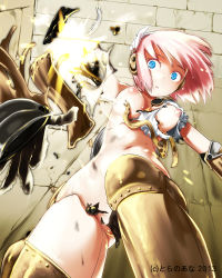 Rule 34 | 1girl, android, blue eyes, breasts, broken, burnt clothes, embers, explosion, harem gain, mechanical arms, medium breasts, midriff, mozu (peth), navel, nipples, official art, pink hair, short hair, single mechanical arm, solo