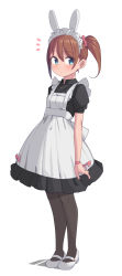 Rule 34 | 1girl, animal ears, black pantyhose, blue eyes, brown hair, closed mouth, dot mouth, eyes visible through hair, full body, hair between eyes, highres, looking at viewer, maid, maid headdress, original, pantyhose, puffy short sleeves, puffy sleeves, rabbit ears, ribbon, saiste, shoes, short sleeves, simple background, solo, twintails, white background, white footwear, wrist ribbon