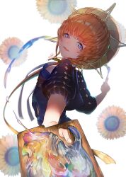 Rule 34 | 1girl, art brush, artist painter, blue eyes, braid, breasts, crown braid, fate/grand order, fate (series), floral background, flower, hat, holding, holding palette, long hair, long sleeves, looking at viewer, orange hair, paintbrush, palette (object), side braid, small breasts, smile, solo, sunflower, van gogh (fate), waterstaring