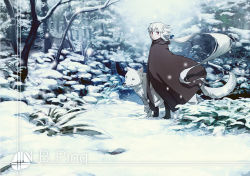 Rule 34 | 1girl, :o, benitama, cape, forest, light, long hair, looking at viewer, low ponytail, nature, original, red eyes, scenery, snow, snowing, solo, tree, very long hair, white hair, winter, wolf