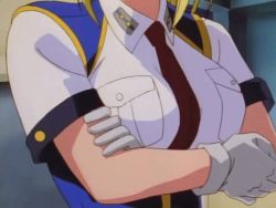 Rule 34 | 1990s (style), 1girl, animated, animated gif, between breasts, blonde hair, blue eyes, blue thighhighs, breasts, burn-up, burn-up excess, female focus, gloves, indoors, kinezono rio, large breasts, necktie, necktie between breasts, police, police uniform, policewoman, reaching, retro artstyle, short hair, sitting, solo, talking, thighhighs, uniform, white gloves, zettai ryouiki