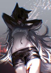 Rule 34 | 1girl, animal ears, arknights, armpits, black shorts, blood, blood on face, blood on hands, blood on leg, blood splatter, blurry, cowboy shot, crop top, depth of field, facing down, facing viewer, from below, gradient background, grey background, grey hair, grin, groin, hands on own cheeks, hands on own face, hands up, highres, lappland (arknights), long hair, midriff, moruki, shaded face, shorts, sleeveless, smile, solo, splatter, tail, tears, toned, very long hair, wolf ears, wolf girl, wolf tail