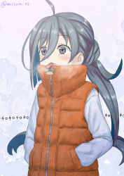 Rule 34 | 1girl, :p, ahoge, alternate costume, coat, grey eyes, grey hair, hair between eyes, hands in pockets, highres, kantai collection, kiyoshimo (kancolle), licking, low twintails, misumi (niku-kyu), solo, tongue, tongue out, twintails, twitter username, winter clothes, winter coat, zipper, zipper pull tab