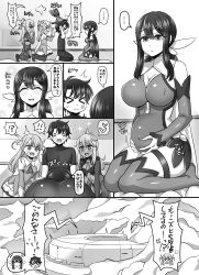Rule 34 | 1boy, 3girls, absurdres, aged up, alternate breast size, alternate hair length, alternate hairstyle, bare shoulders, belly rub, black hair, blush, boots, breasts, chloe von einzbern, cleavage, command spell, commission, dark-skinned female, dark skin, fate/grand order, fate/kaleid liner prisma illya, fate (series), feather hair ornament, feathers, fujimaru ritsuka (male), hair between eyes, hair ornament, hairclip, hetero, highres, illyasviel von einzbern, kaleidostick, large breasts, layered gloves, long hair, magical girl, magical sapphire, miyu edelfelt, multiple girls, navel, one side up, open mouth, pixiv commission, pregnant, prisma illya, ribbon, short hair, small breasts, smile, stomach tattoo, tattoo, thigh boots, thighhighs, wand, yakisobapan tarou &amp; negitoro-ko