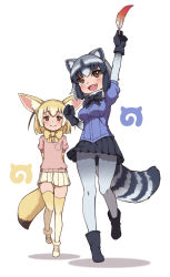 Rule 34 | 10s, 2girls, :d, animal ears, ankle boots, arm up, arms behind back, black bow, black footwear, black gloves, black hair, blue shirt, blush, boots, bow, bowtie, breast pocket, breasts, closed mouth, common raccoon (kemono friends), fang, feathers, fennec (kemono friends), fox ears, fox tail, fur-trimmed footwear, fur collar, fur trim, gloves, gluteal fold, gradient clothes, grey legwear, highres, holding, holding feather, japari symbol, kemono friends, kugi ta hori taira, layered sleeves, leg up, mary janes, medium breasts, miniskirt, multiple girls, open mouth, pantyhose, pink sweater, pleated skirt, pocket, puffy short sleeves, puffy sleeves, raccoon ears, raccoon tail, shirt, shoes, short hair, short sleeves, simple background, skirt, smile, standing, standing on one leg, sweater, tail, thigh gap, thighhighs, white background, white hair, white skirt, yellow bow, yellow footwear, yellow neckwear, zettai ryouiki