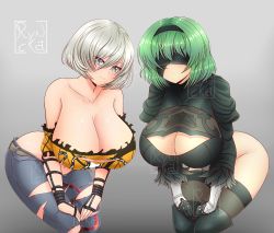 Rule 34 | 2b (nier:automata), 2b (nier:automata) (cosplay), alternate breast size, artist name, bent over, black blindfold, black legwear, blindfold, blue eyes, breasts, cleavage, commission, cosplay, costume switch, crossover, denim, eyebrows, gloves, green hair, highres, hikage (senran kagura), hikage (senran kagura) (cosplay), juliet sleeves, large breasts, leotard, long sleeves, nier:automata, nier (series), pants, puffy sleeves, ryncka, senran kagura, short hair, signature, snake print, torn clothes, torn pants, watermark, white gloves, white hair, white leotard