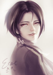 Rule 34 | 10s, 1boy, ecat, gradient background, highres, kashuu kiyomitsu, long hair, looking at viewer, looking back, male focus, monochrome, parted lips, ponytail, red eyes, solo, touken ranbu, upper body