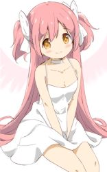 Rule 34 | 1girl, alternate costume, bare arms, bare legs, bare shoulders, blush, breasts, choker, cleavage, closed mouth, collarbone, dot nose, dress, from above, hair between eyes, hair ribbon, happy, head tilt, kaname madoka, legs together, long hair, looking at viewer, looking up, mahou shoujo madoka magica, mahou shoujo madoka magica (anime), pink hair, ribbon, short dress, sidelocks, simple background, sitting, sleeveless, sleeveless dress, small breasts, smile, solo, spaghetti strap, tsubaki (tatajd), two side up, ultimate madoka, upper body, v arms, very long hair, white background, white choker, white dress, white neckwear, white ribbon, wings, yellow eyes