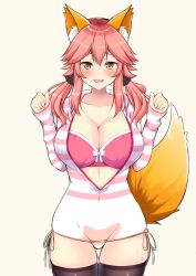 Rule 34 | 10s, 1girl, animal ears, bad id, bad pixiv id, black thighhighs, breasts, covered navel, fang, fate/extra, fate (series), fox ears, fox tail, highres, kisaragi nana, large breasts, long hair, looking at viewer, official alternate costume, pink hair, skindentation, smile, solo, tail, tamamo (fate), tamamo no mae (fate/extra), tamamo no mae (spring casual) (fate), thighhighs, yellow eyes