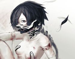 Rule 34 | 1girl, bandages, bare shoulders, black hair, bleeding, blood, bloody bandages, blue eyes, breasts, collarbone, colored skin, elbow on knee, injury, mask, mechanical parts, mouth mask, original, pasties, short hair, simple background, sitting, slit pupils, small breasts, solo, spine, tmt, white skin