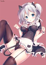 Rule 34 | 10s, 1girl, :d, alternate costume, animal ears, apron, between legs, black dress, black panties, black thighhighs, blue eyes, blush, bow, breasts, cat ears, cat tail, cleavage, commentary request, dress, enmaided, fang, frills, garter straps, kantai collection, kashima (kancolle), large breasts, long hair, looking at viewer, maid, maid apron, maid headdress, open mouth, panties, paw pose, puffy short sleeves, puffy sleeves, red bow, short sleeves, sidelocks, silver hair, smile, solo, sousouman, tail, tail bow, tail ornament, thighhighs, tsurime, twintails, underwear, waist apron, wavy hair