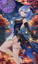 Rule 34 | 1girl, ahoge, architecture, autumn leaves, bare shoulders, bell, black dress, black gloves, blue dress, blue hair, breasts, detached sleeves, dress, east asian architecture, fireworks, ganyu (genshin impact), ganyu (twilight blossom) (genshin impact), genshin impact, gloves, gold trim, hair ornament, highres, horns, knee up, kurony (sirony), lantern festival, light smile, long hair, long sleeves, looking at viewer, medium breasts, neck bell, night, official alternate costume, official alternate hairstyle, outdoors, purple eyes, sidelocks, sky lantern, sleeveless, solo, standing, thighs, vision (genshin impact)