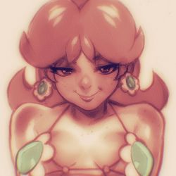 Rule 34 | 1girl, bikini, body freckles, breasts, breasts apart, brown hair, commentary, earrings, english commentary, flipped hair, flower bikini, flower earrings, freckles, highres, jewelry, long hair, looking at viewer, mario (series), medium breasts, nintendo, no headwear, portrait, princess daisy, robaato, sepia, smile, smug, solo, spaghetti strap, super mario land, swimsuit
