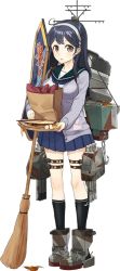 Rule 34 | 10s, 1girl, bag, banner, black hair, breasts, broom, brown eyes, cardigan, drew (drew213g), full body, hairband, kantai collection, medium breasts, official art, open cardigan, open clothes, paper bag, solo, transparent background, ushio (kancolle), ushio kai ni (kancolle)