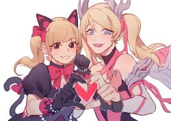 Rule 34 | 2girls, animal ears, black cat d.va, black dress, black gloves, blonde hair, blue eyes, blush, bow, breasts, brown eyes, cat ears, cat tail, cleavage, cleavage cutout, clenched hand, clothing cutout, commentary, d.va (overwatch), die (kurosb), dress, english commentary, fake animal ears, fingerless gloves, floating hair, gloves, hair bow, heart, heart hands, heart hands duo, horns, looking at viewer, mercy (overwatch), multiple girls, overwatch, overwatch 1, pink bow, pink dress, pink mercy, pink nails, small breasts, smile, tail, twintails, upper body