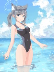 Rule 34 | 1girl, animal ear fluff, animal ears, bad id, bad pixiv id, black one-piece swimsuit, blue archive, blue eyes, blue sky, breasts, cloud, competition swimsuit, covered navel, cowboy shot, cross hair ornament, day, extra ears, grey hair, hair ornament, halo, highres, horizon, looking at viewer, low ponytail, medium breasts, medium hair, mismatched pupils, miyuan, multicolored clothes, multicolored swimsuit, ocean, one-piece swimsuit, outdoors, shiroko (blue archive), shiroko (swimsuit) (blue archive), sky, smile, soaking feet, solo, standing, swimsuit