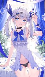 Rule 34 | 1girl, :3, :q, ahoge, arm up, armpits, bare shoulders, black choker, black panties, blue eyes, blue theme, bow, bowtie, breasts, candy, center opening, choker, closed mouth, cowboy shot, dress, food, frilled dress, frills, hair ornament, hair ribbon, hairclip, holding, keis (locrian1357), lollipop, long hair, looking at viewer, multicolored hair, navel, original, panties, petals, revealing clothes, ribbon, short dress, sidelocks, sleeveless, sleeveless dress, small breasts, smile, solo, standing, stomach, streaked hair, thigh gap, thighs, tongue, tongue out, twintails, underwear, white dress, white hair, wrist ribbon