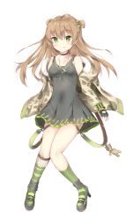 Rule 34 | :p, absurdres, breasts, brown hair, camouflage, dog tags, double bun, girls&#039; frontline, green eyes, hair bun, highres, jacket, looking at viewer, medium breasts, medium hair, military jacket, rfb (girls&#039; frontline), socks, solo, striped clothes, striped socks, tongue, tongue out, vertical-striped clothes, vertical-striped socks