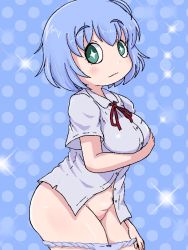 Rule 34 | + +, 1girl, blue background, blue hair, blush, bob cut, breasts, female focus, fxxk law, large breasts, original, panties, panty pull, polka dot, polka dot background, shirt, short hair, solo, thighs, underwear, white shirt, wide hips