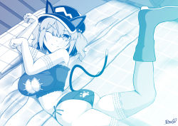 Rule 34 | 1girl, alternate costume, animal ear headwear, animal ears, arm garter, ass, blue theme, blush, boots, breasts, cat, cat cutout, cat ears, cat lingerie, cleavage, cleavage cutout, closed mouth, clothing cutout, commentary request, fake animal ears, flat cap, foot out of frame, frilled thighhighs, frills, hair bobbles, hair ornament, hat, highres, kagiyama shachou, kawashiro nitori, large breasts, looking at viewer, looking back, medium hair, meme attire, monochrome, one eye closed, open mouth, panties, paw pose, side-tie panties, sidelocks, smile, solo, thighhighs, touhou, two side up, underwear