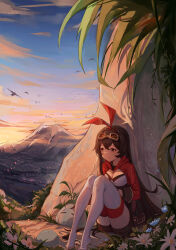Rule 34 | 1girl, absurdres, amber (genshin impact), breasts, brown hair, brown shorts, cleavage, closed mouth, genshin impact, goggles, goggles on head, hair between eyes, hair ribbon, hairband, highres, legs together, light smile, long hair, long sleeves, medium breasts, mountain, on ground, outdoors, red hairband, red ribbon, ribbon, shirt, short shorts, shorts, sitting, sky, slime (genshin impact), smile, solo, sunset, thighhighs, thighs, white shirt, white thighhighs, yajuu, yellow eyes